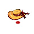 Woman hat icon. Wide-brimmed hat with bow and lips. Vector illustration.