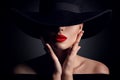 Woman Hat And Lips, Elegant Fashion Model Retro Beauty Portrait In Black