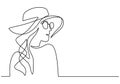 Woman in hat one continuous line art minimalist style. Beauty elegant young modern woman wearing hat isolated on white background Royalty Free Stock Photo