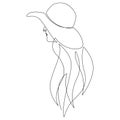 Woman in hat one line art. Continuous line illustration. Minimalist print. Black and white. Portrait of young modern Royalty Free Stock Photo