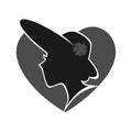 Woman in hat silhouette against grey heart on white logotype Royalty Free Stock Photo