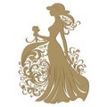 Woman In A Hat Silhouette Surrounded By Vintage Flowers In Art Nouveau Style. Vector Gold Beautiful Woman Silhouette On White