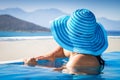 Woman in hat on sun holidays with amazing view, Greece Royalty Free Stock Photo