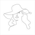 Woman in hat vector one line art. Line black and white illustration. Minimalist one line print. Beauty logo. Portrait of Royalty Free Stock Photo