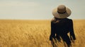 Woman in hat at wheat field. Fashionable girl in black dress. Generative AI Royalty Free Stock Photo