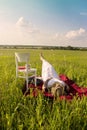 Woman with Hat in White Dress is Laying on Red Blanket Royalty Free Stock Photo