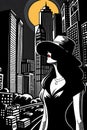 Woman with hat with wide flaps in the night city