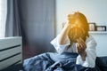 Woman hates getting stressed waking up early 7 o`clock in the morning,Alarm clock Royalty Free Stock Photo