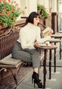Woman have drink enjoy good book cafe terrace. Self improvement concept. Literature for female. Girl drink coffee read Royalty Free Stock Photo