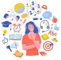 Woman have a question. the girl thought of training School Doodle vector set. learning of foreign languages. Hand drawn icons