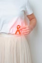 Woman having back abdomen pain with Orange ribbon. Kidney Cancer Awareness March month, disease of Urinary system and Stones,