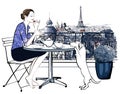 Woman having breakfast on a balcony in Paris