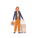 Woman having a business trip with suitcase. Female character standing with lugagge and holding briefcase