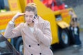 woman having car problems and calling for assistance Royalty Free Stock Photo