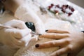 Woman having Christmas nail manicure at beauty salon Royalty Free Stock Photo