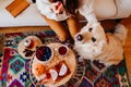 woman having a cup of tea at home during breakfast. Cute golden retriever dog besides. Healthy breakfast with fruits and sweets. Royalty Free Stock Photo