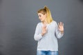 Woman deny something showing stop gesture with hands Royalty Free Stock Photo