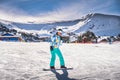 Woman, having fun and learning how to ride on a snowboard, Andorra Royalty Free Stock Photo