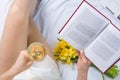 Woman having a glass of wine in bed Royalty Free Stock Photo
