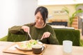 Woman having pancake in restaurant Royalty Free Stock Photo