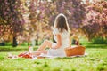 Woman having picnic on sunny spring day in park during cherry blossom season Royalty Free Stock Photo