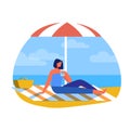 Woman Having Picnic under Umbrella on Seaside. Royalty Free Stock Photo