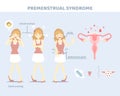 woman having premenstrual syndrome with tampon, menstrual cup, sanitary napkin, pad, period cramps, menstruation concept