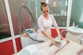 Woman having procedure of anti cellulite lpg massage, cosmetology clinic Royalty Free Stock Photo