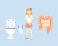 Woman having stomach ache, needing to urinate, holding her bladder pee, poo with small and large intestine, health care concept