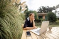 Woman having video call on laptop computer on nature