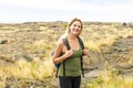 Woman at the Hawaii Volcano National Park, Pu u Loa petroglyphs, amazing walk into the past. Royalty Free Stock Photo