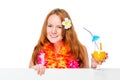 Woman in Hawaiian image with cocktail and poster in hands