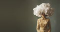 Woman with head in cloud, depression, trauma, loneliness and mental health, brain fog by dementia, social issue and shyness