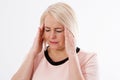 Woman head pain close up, middle age woman migraine portrait close up Royalty Free Stock Photo