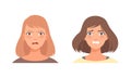 Woman Head with Short Hairstyle with Scared and Angry Facial Expression Vector Set