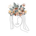 Woman head silhouette with floral wreath. Forest dryad or nature queen concept. Trendy female face isolated illustration