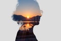 Woman head silhouette and sunrise landscape photo with double exposure effect. Royalty Free Stock Photo