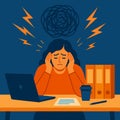Woman with Headache at Desk Surrounded by Chaos, Flat Vector Style, AI generated Royalty Free Stock Photo