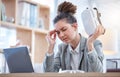 Woman, headache and virtual reality glasses with stress, burnout and worker in workplace. Female employee, manager or Royalty Free Stock Photo