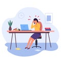 Woman headache workplace. Worried businesswoman at laptop with head pain, sad professional worker stress job paperwork