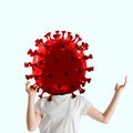 Woman headed by model of COVID-19 coronavirus, concept of pandemic spreading