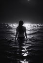 woman heading for a late night swim wading in moonlit sea water