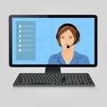 Woman with headphones on computer monitor screen. Call center, online customer live support