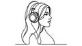 Woman with Headphones Continuous Line Art Drawing. Female Head with Headphone One Line Art Minimalist Style.