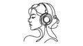 Woman with Headphones Continuous Line Art Drawing. Female Head with Headphone One Line Art Minimalist Style.