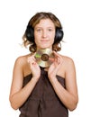 woman in headphones enjoying listening to music