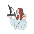 Woman in headphones and microphone recording audio broadcast illustration vector. Podcast concept