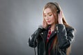 Woman with headphones and microphone singing Royalty Free Stock Photo