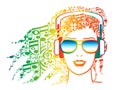 Woman with headphones with musical notes for hair