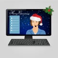 Woman with headphones in santa hat on computer monitor screen. Merry Christmas in call center, online customer live support,